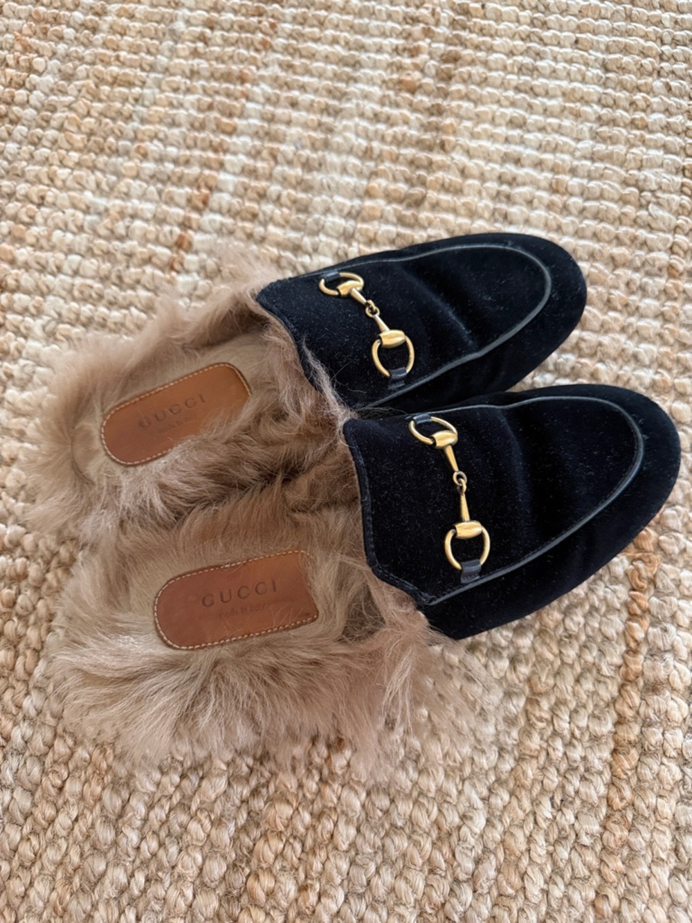 Gucci Black Velvet Fur-Lined Horsebit Slippers